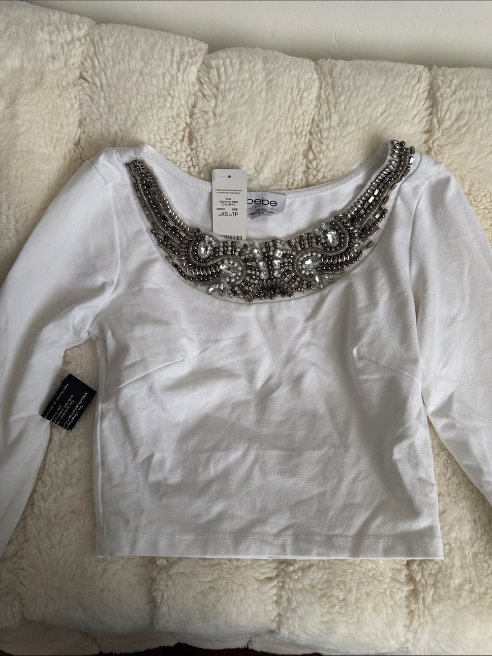 bebe White Jeweled Scoop Neck Crop Top